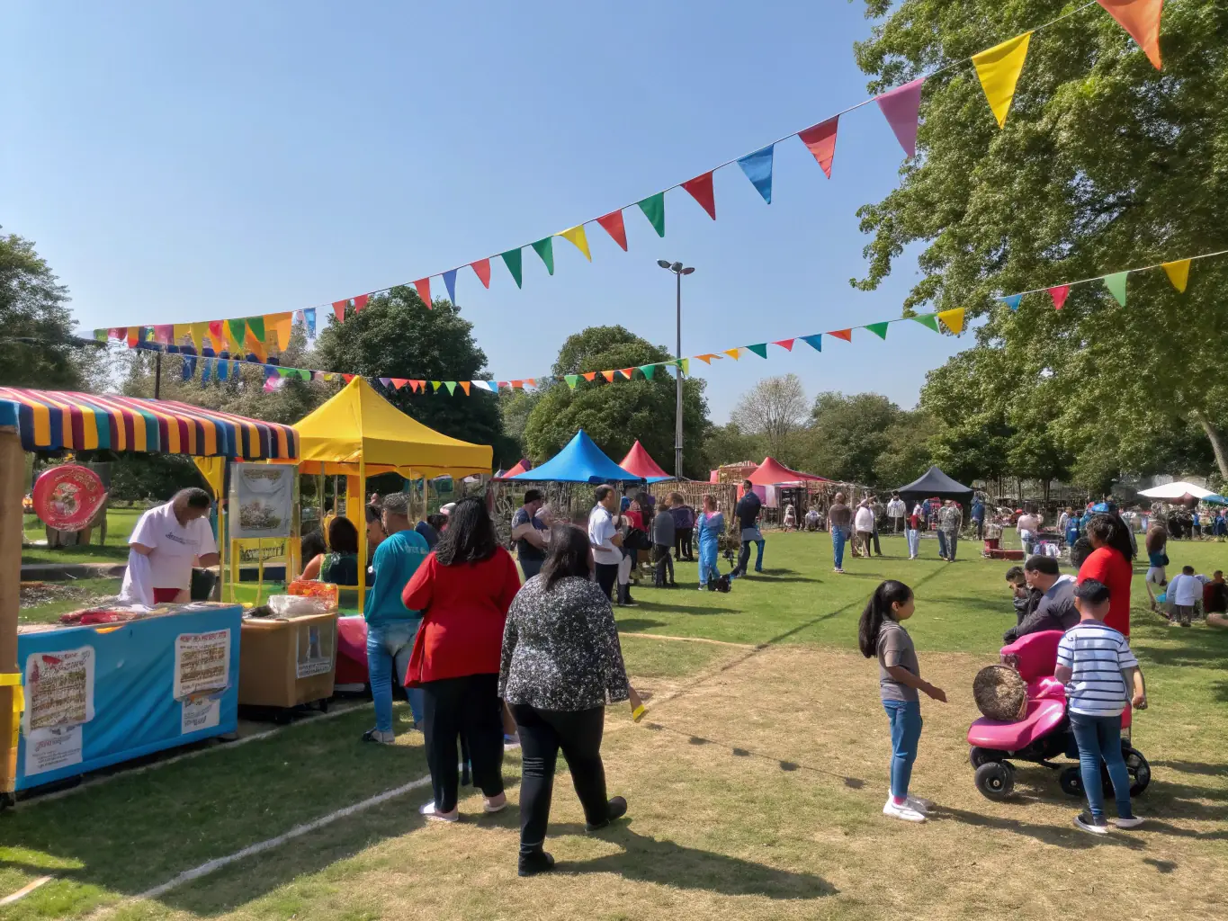 A vibrant image depicting a group of people participating in a fundraising event organized by S.D.J. SYNDIKA DES JOUEURS, showcasing community involvement and support for the Dampniat rugby club. The event includes games, food stalls, and activities for all ages.