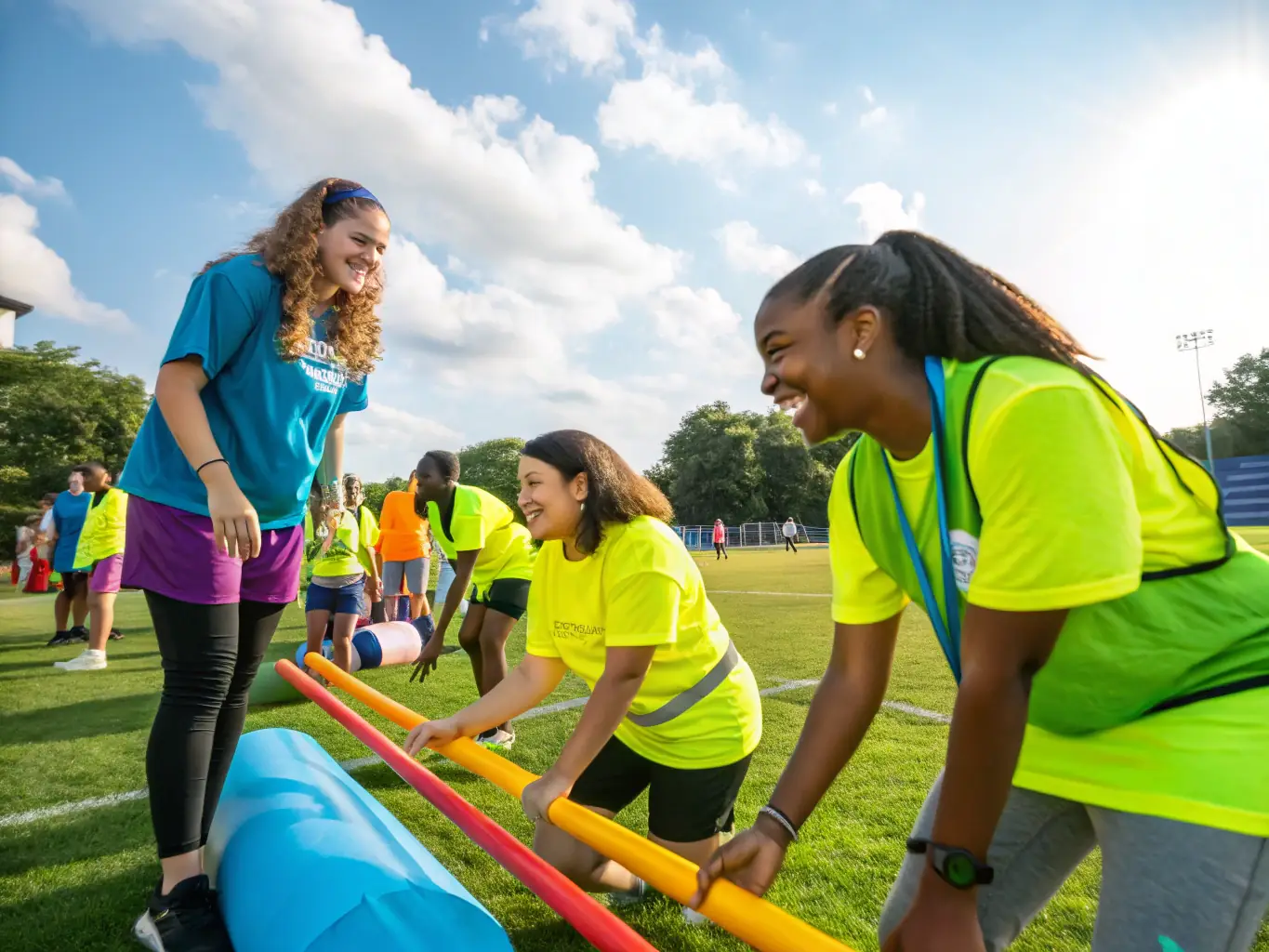 An image showing volunteers setting up for a community sports day organized by S.D.J. SYNDIKA DES JOUEURS. The scene includes sports equipment, banners, and enthusiastic volunteers preparing for a day of fun and games.