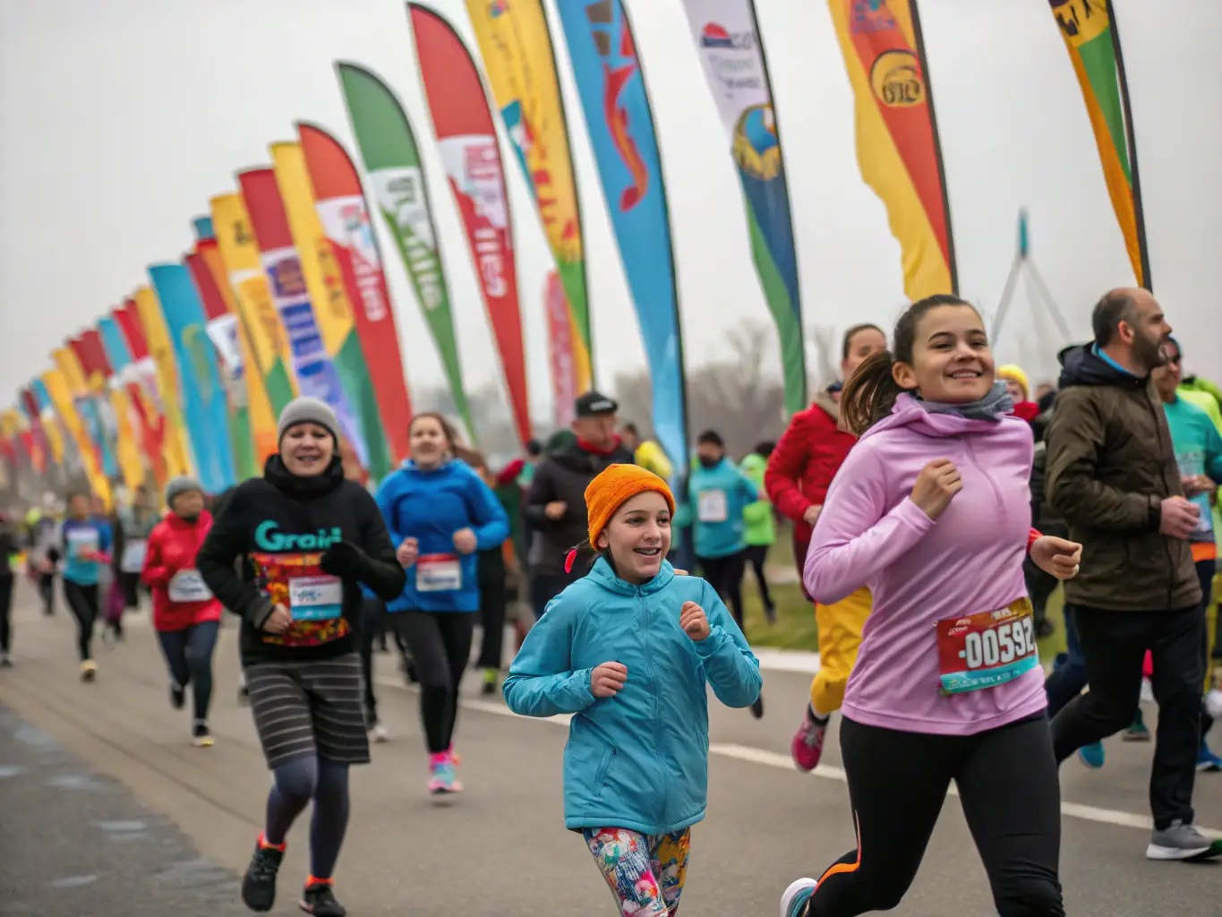 A vibrant image depicting a group of people participating in a fundraising run organized by S.D.J. SYNDIKA DES JOUEURS, showcasing community involvement and support for the Dampniat rugby club.