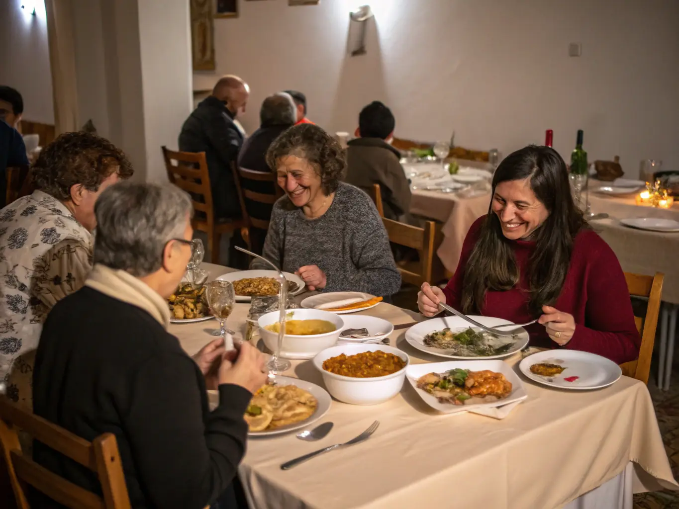 A photo of participants enjoying a convivial meal at one of S.D.J. SYNDIKA DES JOUEURS's inclusive social gatherings. The image captures the warmth and camaraderie of the event, with people laughing and sharing stories.