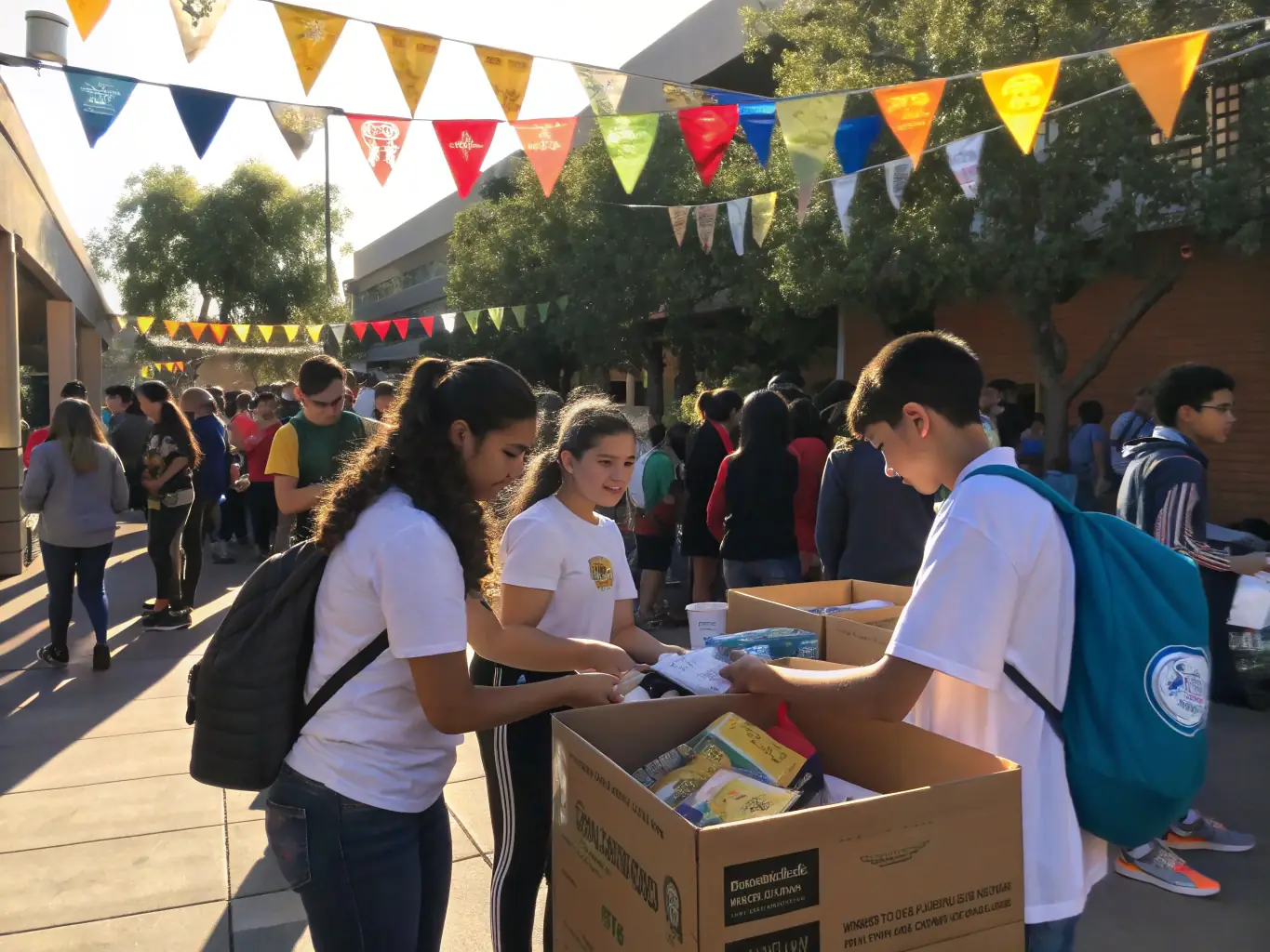 A group of volunteers setting up a food stall at a local community fair, with S.D.J. SYNDIKA DES JOUEURS banners in the background.